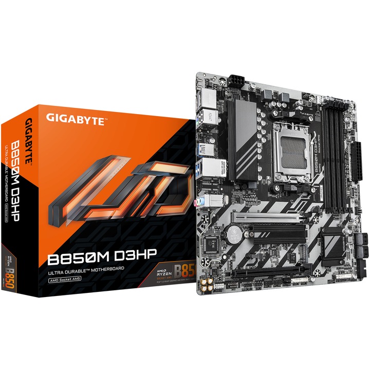 Дънна платка GIGABYTE B850M D3HP, AM5, DDR5, mATX, Сив/Черен