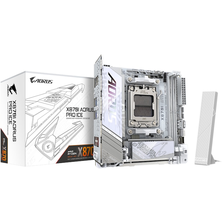 Дънна платка GIGABYTE X870I AORUS PRO ICE, AM5, DDR5, Wi-Fi, BT, Mini-ATX, Бял