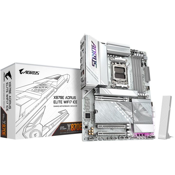 Дънна платка GIGABYTE X870E AORUS ELITE WIFI7 ICE, AM5, DDR5, Wi-Fi, BT, ATX, Бял