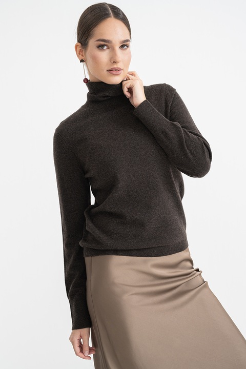 Stefanel, Pulover de lana merinos cu guler inalt, Maro inchis, XS