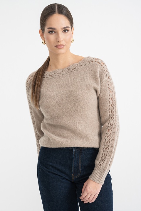 Stefanel, Pulover din amestec de lana cu detalii perforate, Maro taupe, L