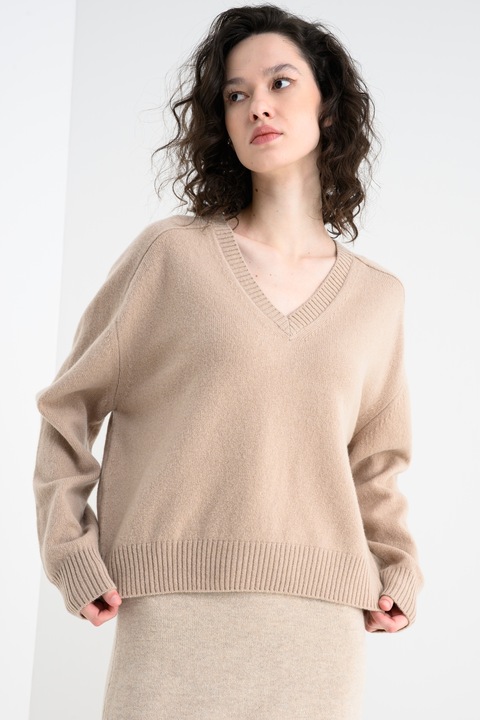 Stefanel, Pulover lejer de lana cu decolteu in V, Bej
