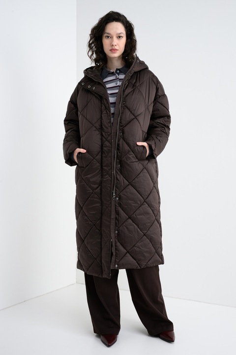 Stefanel, Geaca lunga matlasata cu gluga, Maro inchis, M