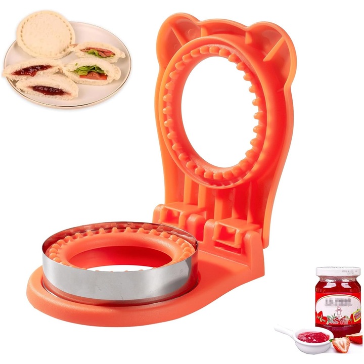 Cutit si sigiliu metalic pentru sandvisuri, potrivit pentru cutii de pranz scolare si cutii bento, PP/otel inoxidabil, portocaliu, 16,5 × 12,5 × 4,5 cm