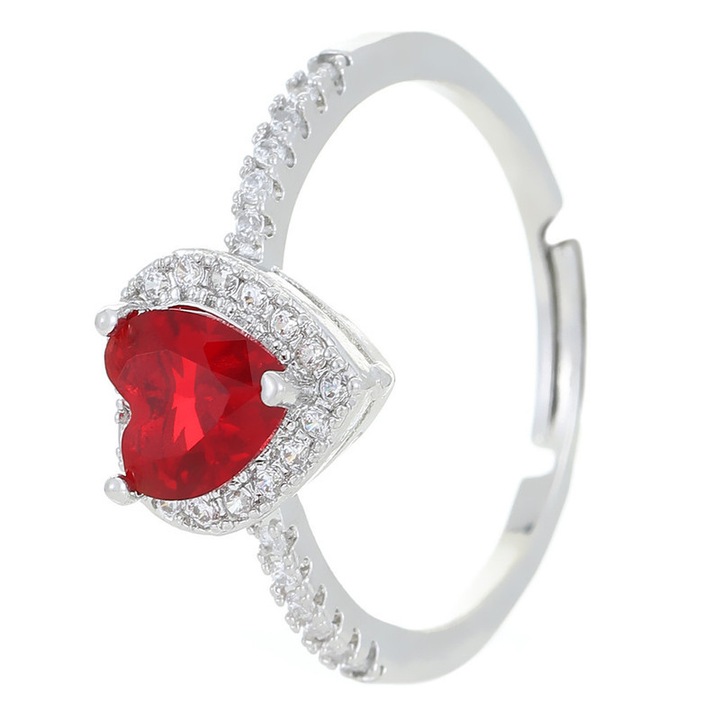 Inel Dama "Inima Pulsului" Deschis Reglabil, Zircon Colorat 3A si Cupru placat cu aur alb