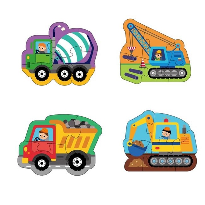 4 építőipari járművel ellátott puzzle babáknak – 16 nagy darab, oktató jellegű