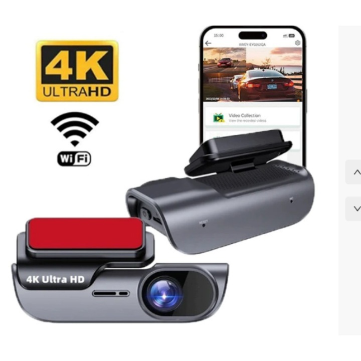 Видеорегистратор DVR Dash Cam 4K UHD, Full HD Wi-Fi GPS, сензор за нощно виждане, 3" екран, Режим паркиране, Откриване на сблъсъци, 170° ъгъл на снимане, Включена камера за задно виждане, Нощно виждане, G-сензор