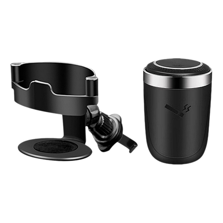 Scrumiera auto premium NAXSIR cu capac deschidere la un clic, iluminare LED, KuviKoo™ interior metal ignifug, detasabila, capacitate mare 60-80 chistoace, baza antiderapanta, usor de curatat, negru, compacta pentru portahame