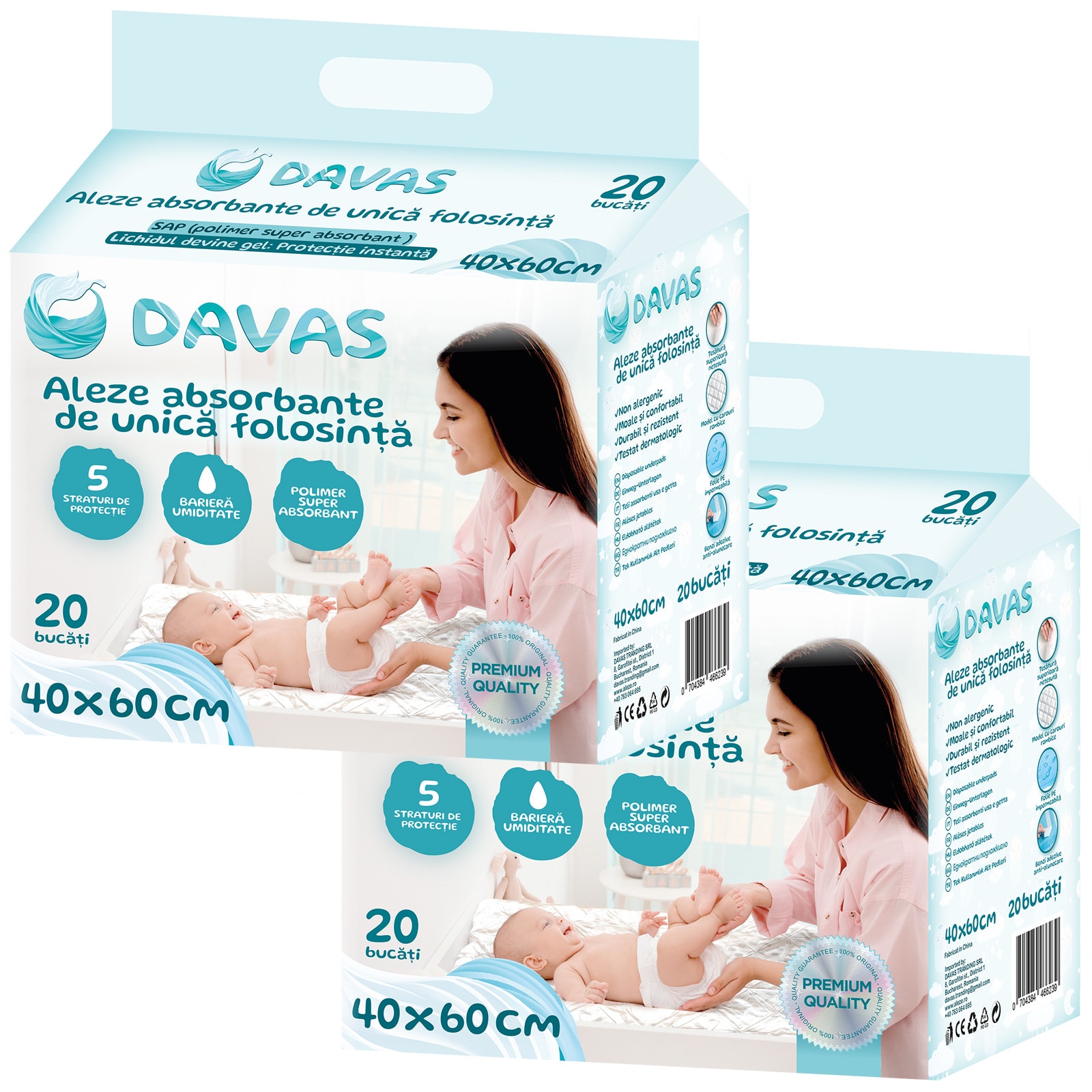 Aleze Davas 40x60 cm, 40 buc, absorbante, unica folosinta, 5 straturi ...