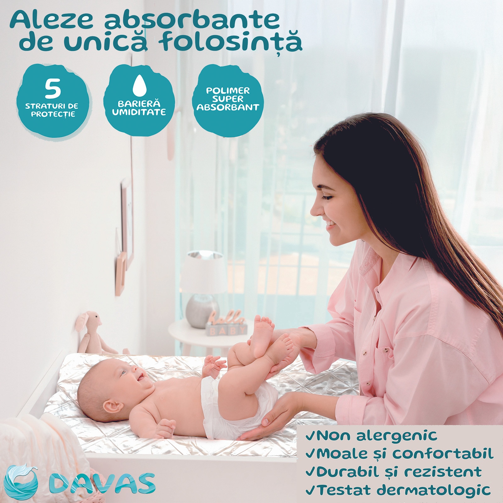 Aleze Davas 40x60 cm, 20 buc, absorbante, unica folosinta, 5 straturi ...