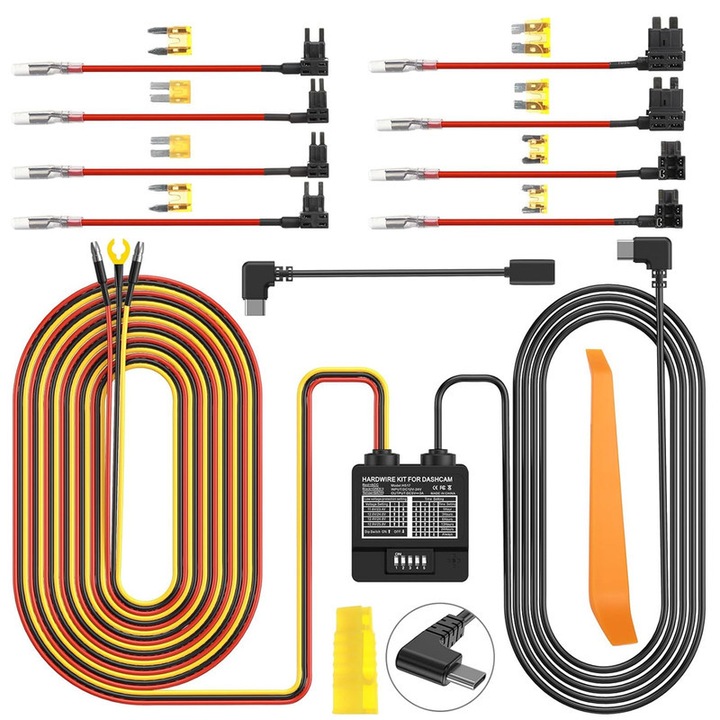 Kit de hardwire pentru camera auto, universal, 12V-24V, protectie la tensiune scazuta, cablu Type-C