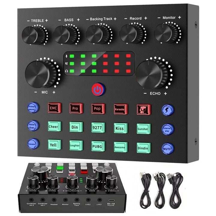 Звукова карта V8S, мини аудио миксер, 6 режима, 12 звукови ефекта, пълен комплект с микрофон, преносим