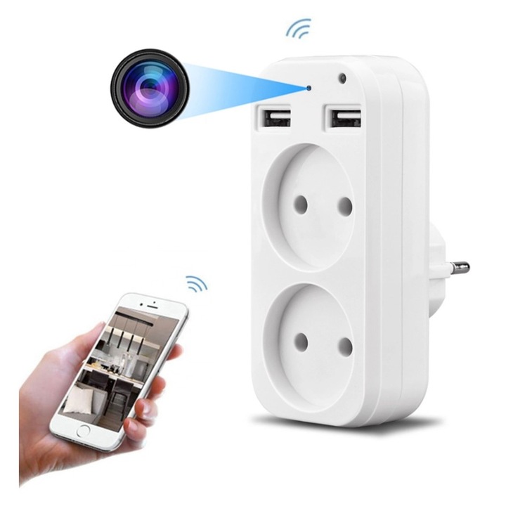 Mini Camera Spion in Priza Dubla, Wi-Fi, Full HD, 1080P, Microfon integrat, Sensibilitate Mare la Sunet pe Distante Mari, Inregistrare Audio si Video, 2 Porturi USB, Instalare usoara, Detectie a miscarii, Notificari pe telefon, Memorie interna 32 GB
