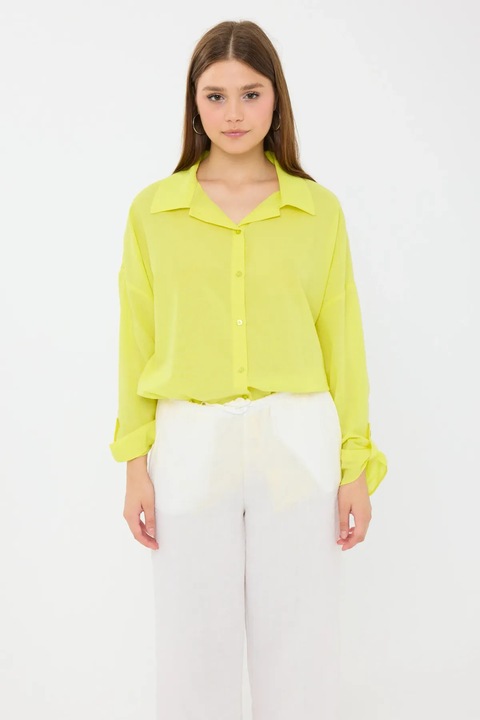 Camasa supradimensionata dama, HiCCUP, bumbac, cu maneca lunga si nasturi, galben lamaie, XS-S INTL