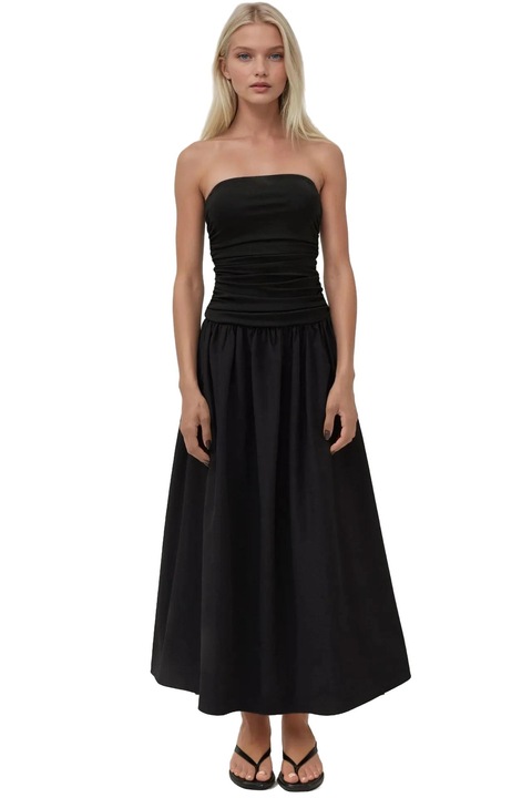 Макси рокля, HiCCUP, без презрамки, детайл с волан, черна, текстил