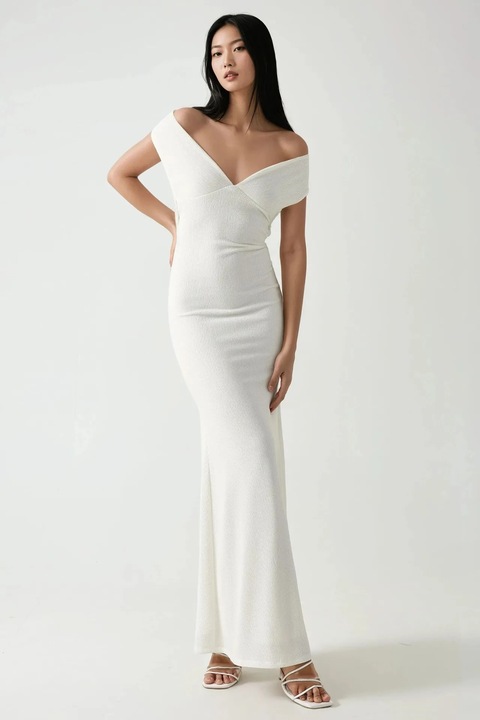 Макси рокля, HiCCUP, деколте във формата на сърце, текстуриран дизайн, бял