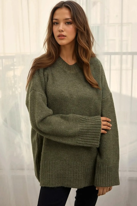 Pulover dama, HiCCUP, tricotat gros, tricot, Verde kaki, S-M