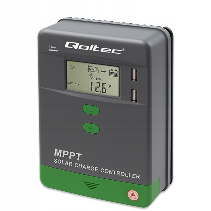 Соларен контролер Qoltec MPPT 40A (53663), LCD, Bluetooth, контролно приложение, USB, съвместим с LiFePO4/GEL, 12/24V, сив/зелен, 1 бр
