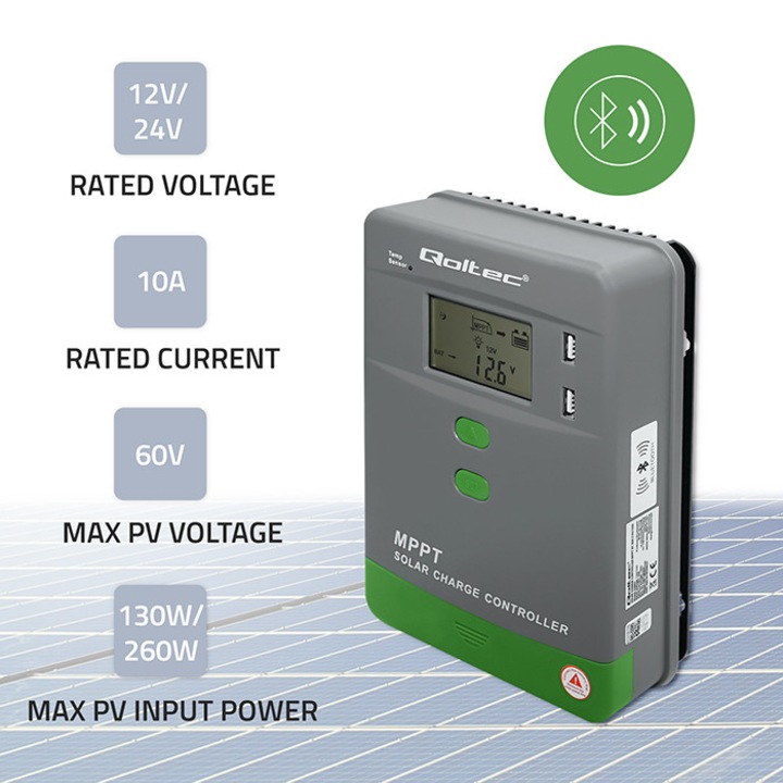Regulator Solar MPPT Qoltec 53660 10A 12V/24V Auto LCD Bluetooth Aplicatie 2xUSB Compatibil LiFePO4 GEL Protectii Multiple Scurtcircuit Supraincalzire Suprasarcina Sisteme Fotovoltaice Rulote Barci Eficienta Maxima Incarcare Optima Energie