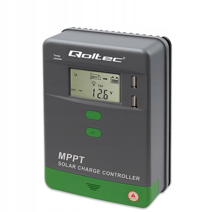 Regulator solar Qoltec MPPT 10A, controler de incarcare cu LCD, Bluetooth si USB, compatibil LiFePO4/GEL, APP, 12/24V, gri/verde, 1 buc