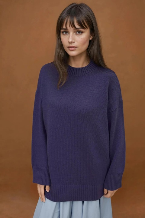 Pulover dama, HiCCUP, lung tricotat din material gros, guler rotund, albastru lavanda, tricot