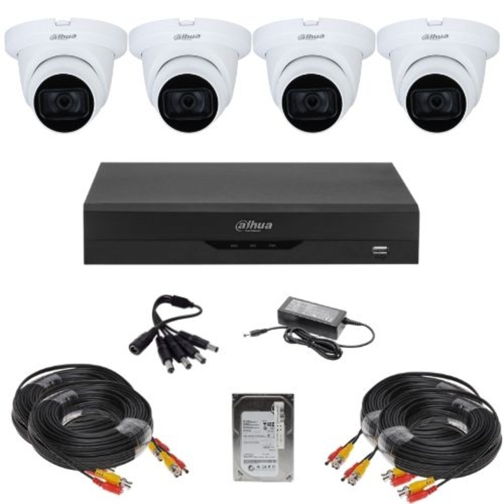 Dahua analóg megfigyelőrendszer 4 kamerával, 2MP, IR 30m, mikrofon, 4 csatornás DVR, HDCVI, IP, H.265+, 500 GB HDD, szerelési tartozékok