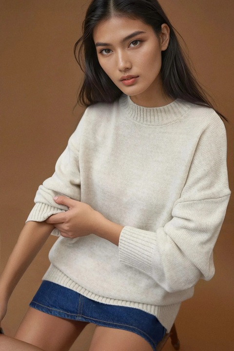 Női pulóver, HiCCUP, hosszú kötött, kerek nyakú, natúr fehér, kötött