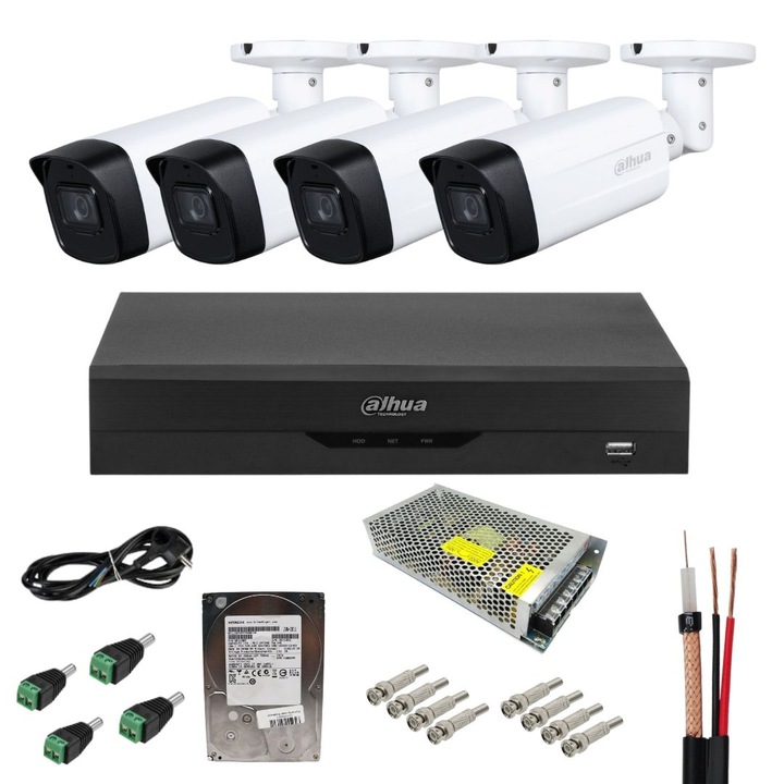 Dahua analóg megfigyelőrendszer 4 kamerával, 2MP Full HD, IR 80m, SmartIR, 4 csatornás DVR + 6 IP csatorna, 5MP felvétel, H.265+ tömörítés, szerelési tartozékok