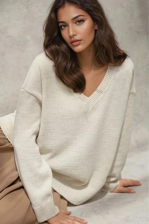 Pulover dama, HiCCUP, tricotat gros, decolteu in V, alb natural, tricot