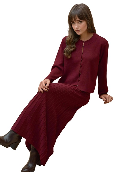 Set tricotat HiCCUP, cardigan cu guler rotund si fusta evazata, rosu, tricot