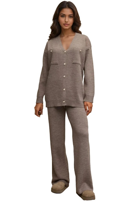 Set tricotat HiCCUP, cardigan cu decolteu in V si pantaloni largi, talie inalta, maro melange, tricot