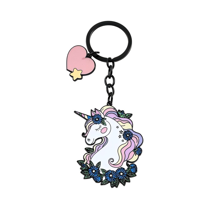 Elegáns cinkötvözet kulcstartó egyszarvú alakban, részletes kidolgozással, kiváló minőségű nyomtatással, fakulásálló, rózsaszín színben