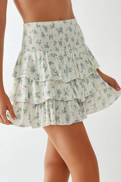 Fusta mini, HiCCUP, imprimeu floral, talie elastica, multicolor, alb cu flori albastre