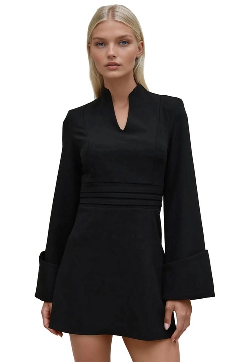 Рокля, HiCCUP, V-образно деколте, мини, дълги ръкави, черен, текстил, Черен