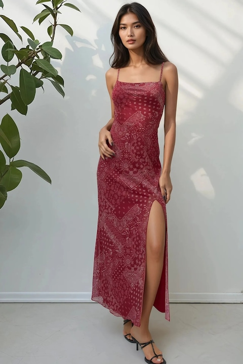 Rochie midi HiCCUP cu guler patrat și imprimeu roșu, Multicolor