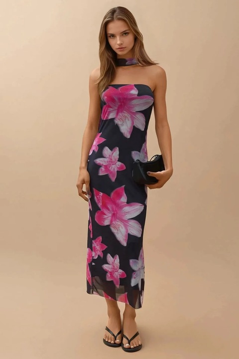 Миди рокля, HiCCUP, флорален принт, slim fit, розово, джърси