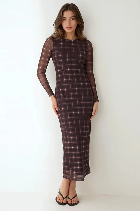 Тясна миди рокля на каре, HiCCUP, кафяв цвят, текстилен материал