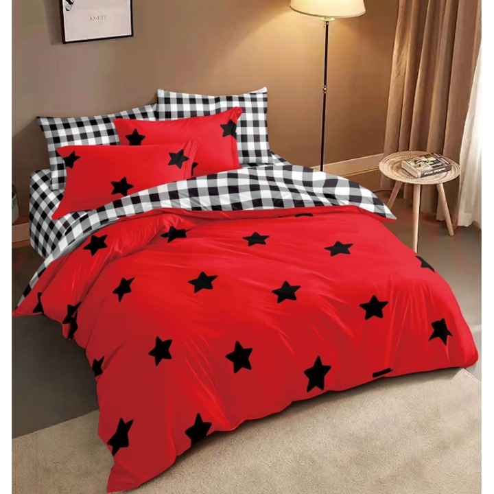 Lenjerie de Pat, Bumbac Satinat, 7 Piese, 1 Persoana, 225x250cm, Imprimeu Stele, Rosu-Negru