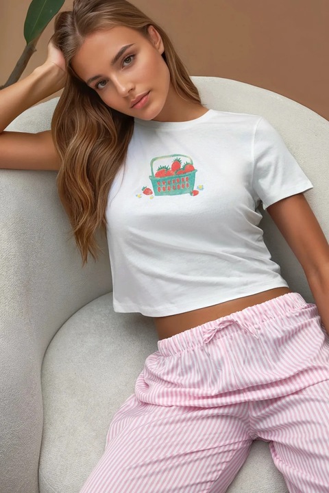 Tricou dama, HiCCUP, scurt, guler rotund, croiala regulata, alb, 100% bumbac