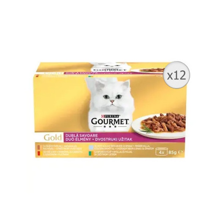 Hrana umeda pentru pisici GOURMET GOLD Dublă Savoare, cu Vită și Pui, Rață și Curcan, Pește Oceanic și Spanac, Iepure și Ficat în sos, 12x85 g