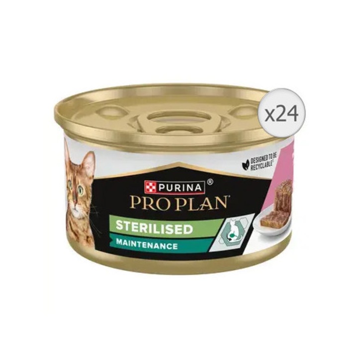 Hrana umeda pentru pisici PRO PLAN STERILISED MAINTENANCE Adult, terină cu Ton și Somon, 24x85g
