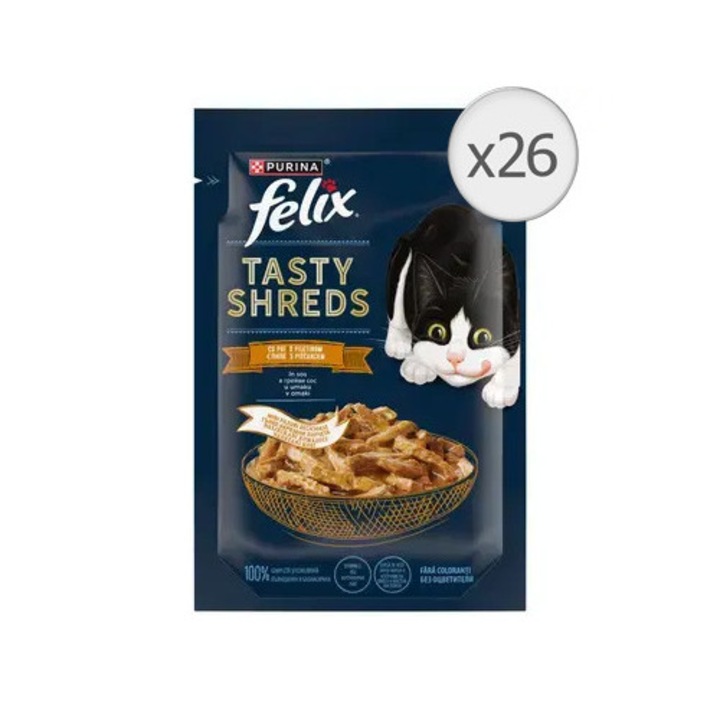 Hrana umeda pentru pisici FELIX TASTY SHREDS, cu Pui în sos, 26x80 g