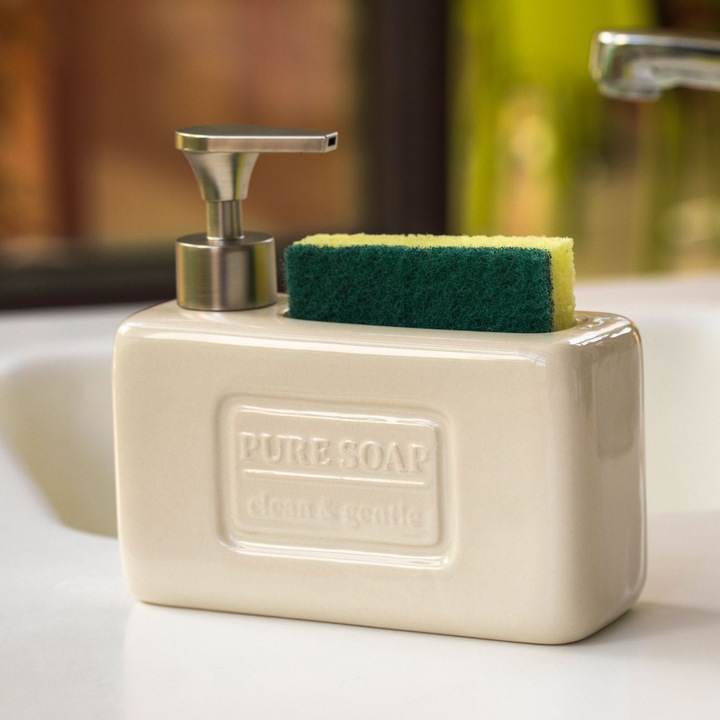 Suport burete ceramic crem cu dozator pentru chiuveta 17x6, 5x16, 5cm