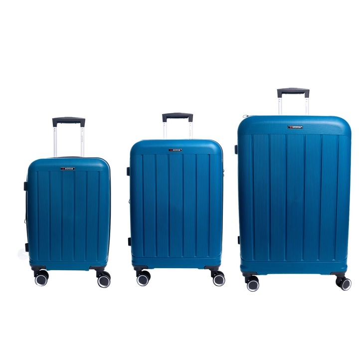 Set trolere extensibile Aventor AV101, 1 bagaj de cabina si 2 de cala, +20% capacitate, fermoar antifurt, polipropilena, cifru TSA, turcoaz