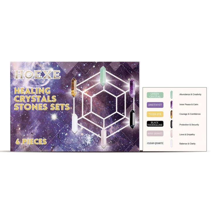Hatszögletű gyógyító kristályok szett, HOEXE, 6 db, sokszínű