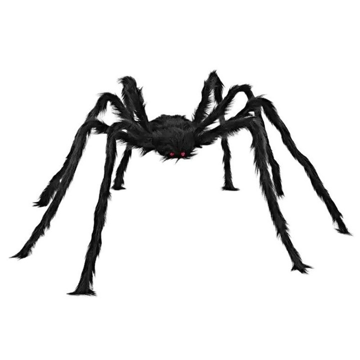 Paianjen gigantic de Halloween, Rqiurpn, Pufos, Flexibil, Cu Ochi Rosii, Decorare Interioara/Exterioara, 200cm, Negru