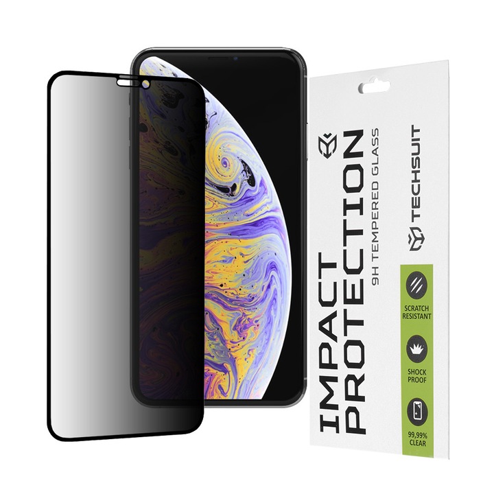 Folie protecție telefon Techsuit 111D Privacy Negru, Sticlă securizată, pentru iPhone XS Max / iPhone 11 Pro Max