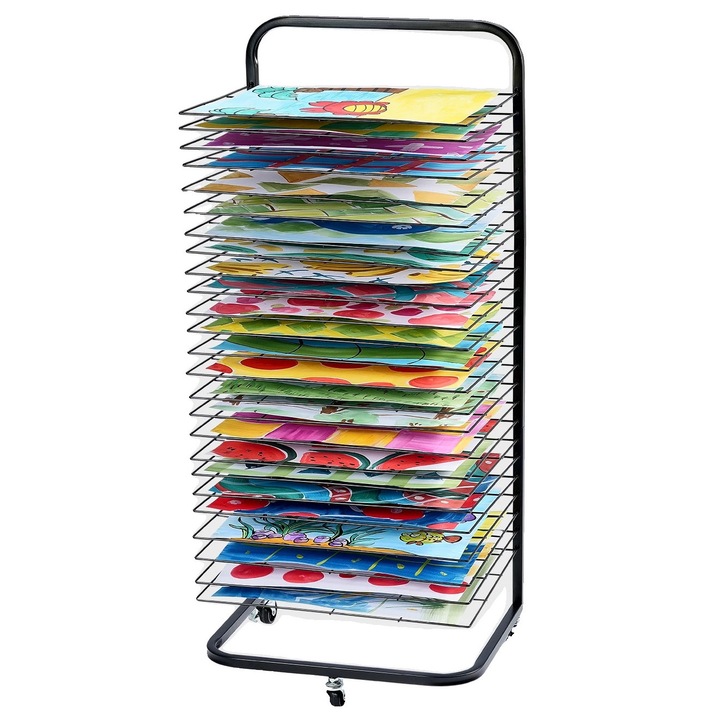 Művészeti szárító, 25 polc, Vevor, strapabíró fém, 3 kerék, fekete