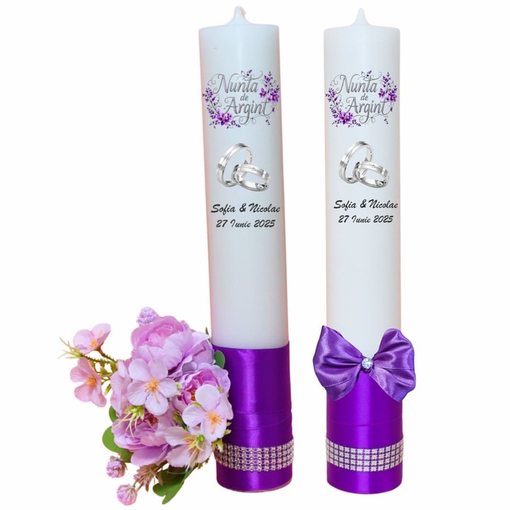 Set Lumanari, Nunta de Argint, 2 Bucati, Mov, 35 cm, LNAG005