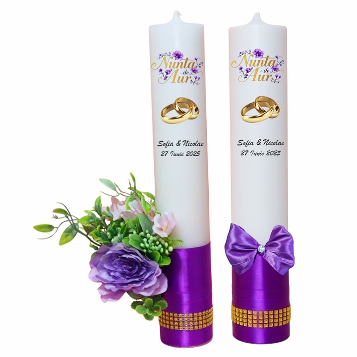 Set Lumanari, Nunta de Aur, 2 Bucati, Mov, 35 cm, LNAU007